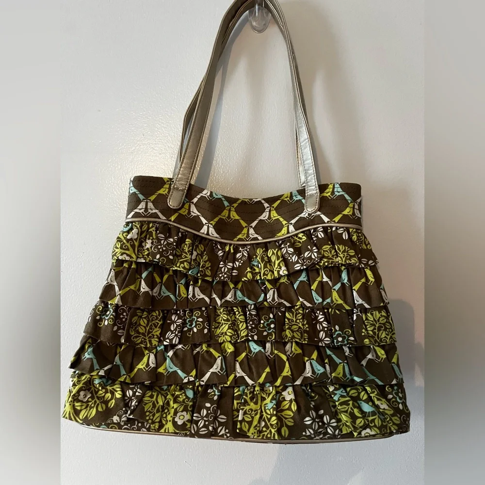 Vera Bradley Brown and Green Quilted Ruffle Shoulder Bag